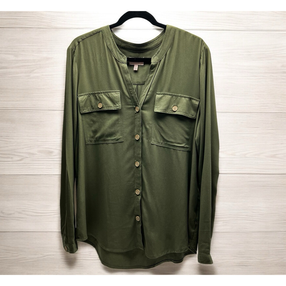 Per se by Carlisle Button Front V Neck Blouse Women's Size Large Olive Green